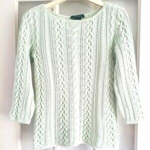 LAUREN Ralph Lauren 100% cotton Cable Knit Sweater in Light Green